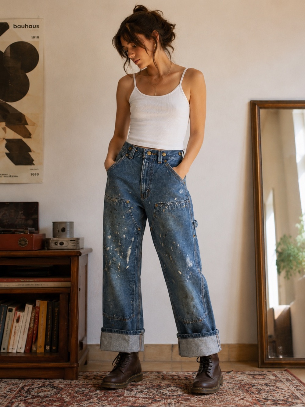 KEY Paint-Splattered Double-Knee Carpenter Jeans